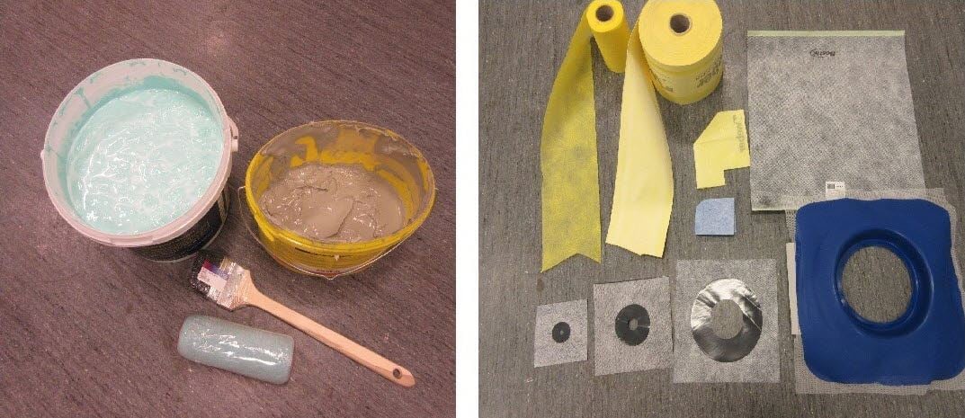 Eksempel på produkter som utgjør et membransystem – til venstre: påstrykningsmembran, til høyre: slukmansjetter, rørmansjetter, hjørnemansjetter og tettebånd