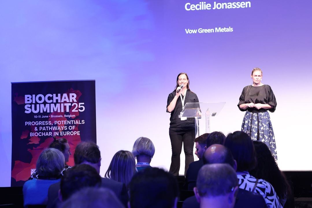 Kathrin Weber (SINTEF) and Cecilie Jonassen (Vow Green Metals) on stage at the 2025 Biochar Summit.