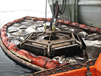 JIP Oil in ice. Skimmer testing. From large scale experiments in the Barents Sea. Foto; SINTEF