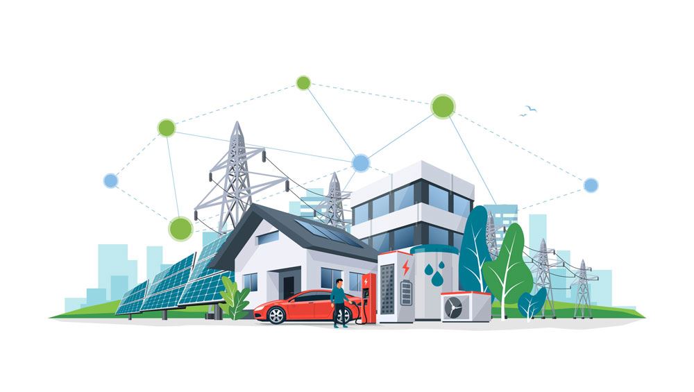 illustration of houses with solar cells, electric car and electricity grid in the background
