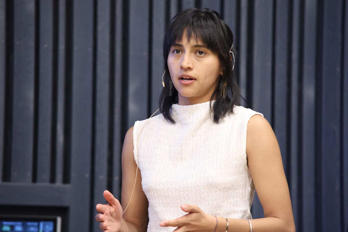 A person holding a presentation in a conference setting.