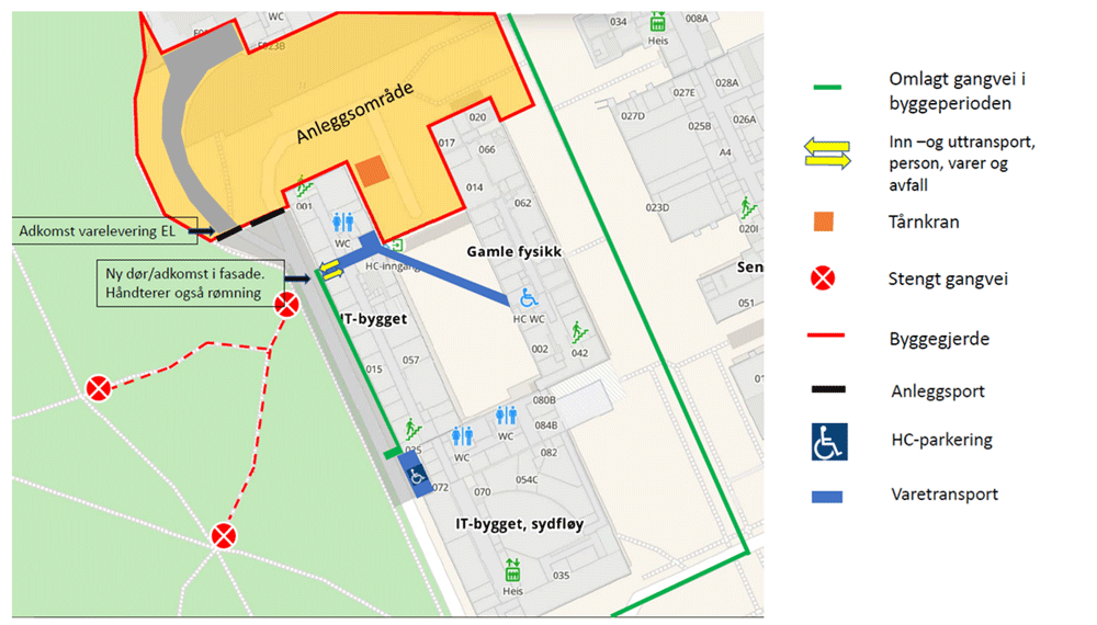 kart over anleggsområdet og stengte og åpne gangveier