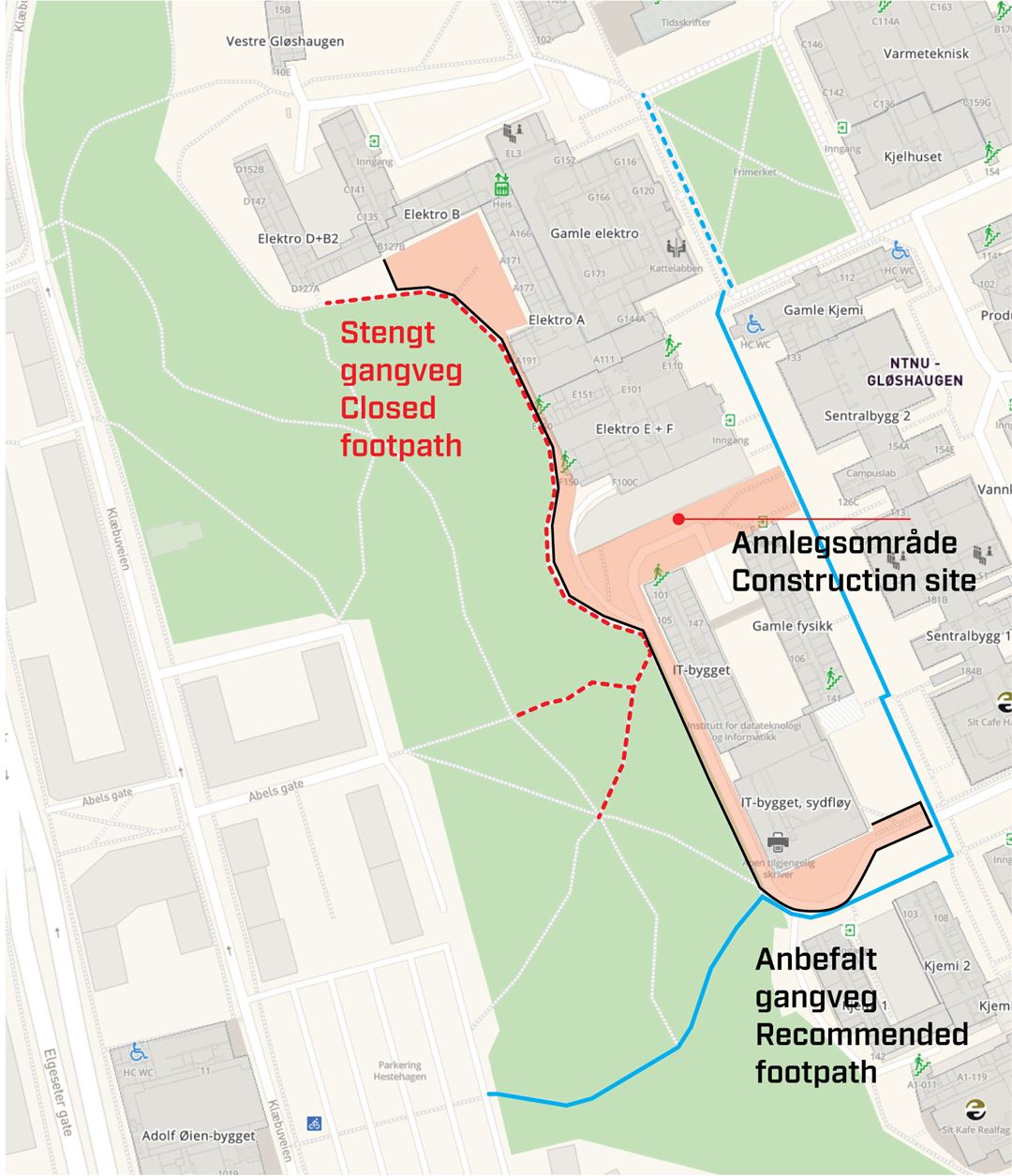 kart som viser alternative og stengte gangveier rundt Gløshaugen