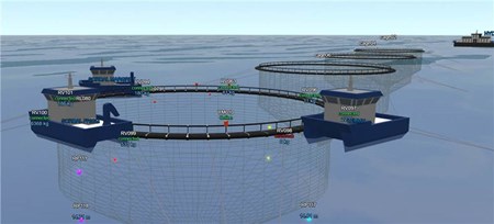 Computer render of floating fish cages.