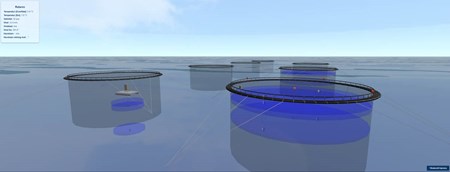 Computer rend of fish cages at sea.