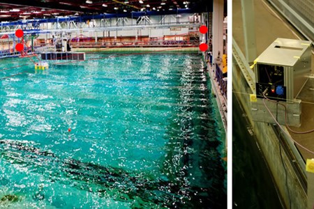 Collage of ocean basin and camera for hybrid testing