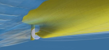 Yellow model of boat showing propeller.