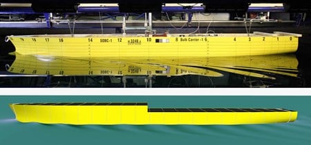 Yellow model boat in water and CFD render below.