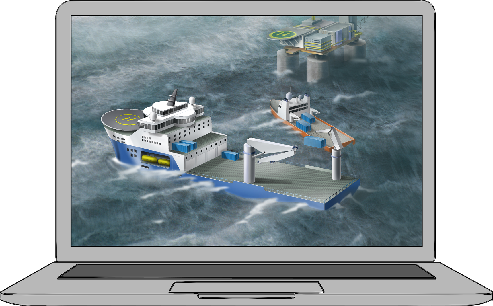 Laptop illustration with image of offshore structures.