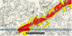 Støykart over en del av Oslo by. Gul farge indikerer et støynivå på 55-64 desibel, mens rødt er over 65 desibel. NB: Alt av støykart på link nederst i saken.