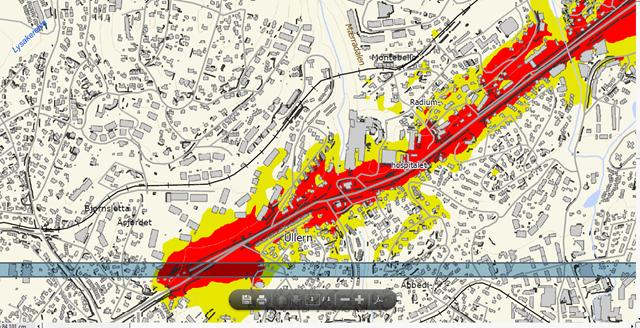 Støykart over en del av Oslo by. Gul farge indikerer et støynivå på 55-64 desibel, mens rødt er over 65 desibel. NB: Alt av støykart på link nederst i saken.