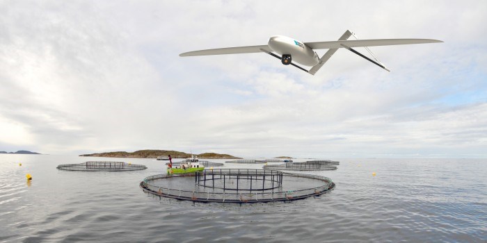 Droner til forvaltning og overvåking av havområder, er ett punktene på felles-ønskelista til havnæringene. Illustrasjon: Maritime Robotics og SINTEF Fiskeri og havbruk.