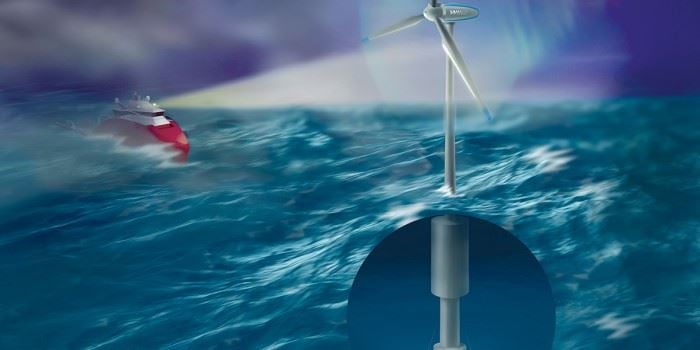 Forskere mener at Norge har gode muligheter til å utvikle en eksportindustri basert på gjenbruk av den kunnskapen vi i dag er kjent for: Vår offshorevirksomhet. Potensialet for flytende vindkraft er enormt. Illustrasjon: Bjarne Stenberg, SINTEF.