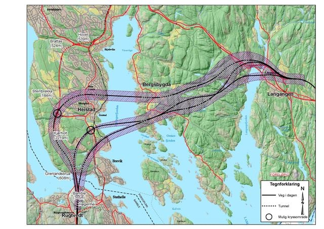 Kartet viser ny E18 gjennom Porsgrunn med tre alternativer til bru over Eidangerfjorden. ill.: Ragnar Grøsfjeld.