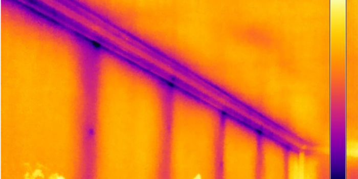 Termografi av heksesot. Heksesotet vises som striper på veggen og på taklisten. Her sammenfaller det med de områdene som hadde en lavere overflatetemperatur enn veggen forøvrig. Foto: Mycoteam.