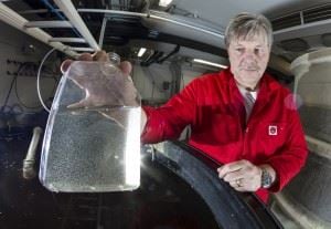 The test-tube contains copepods, which senior scientist Jan Ove Evjemo and his colleagues cultivate as feed for various fish and crustacean species. The cultivation technology is the key factor for raising well-developed tuna fry. Photo: SINTEF/Thor Nielsen