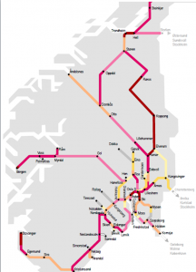 Kartet viser timen i døgnet som har maskimal belastning av togtrafikk.