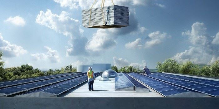 De to byggene kan produsere over 200 000 kWh årlig ved hjelp av solceller på taket og på parkeringshuset. Ill: Snøhetta/MIR