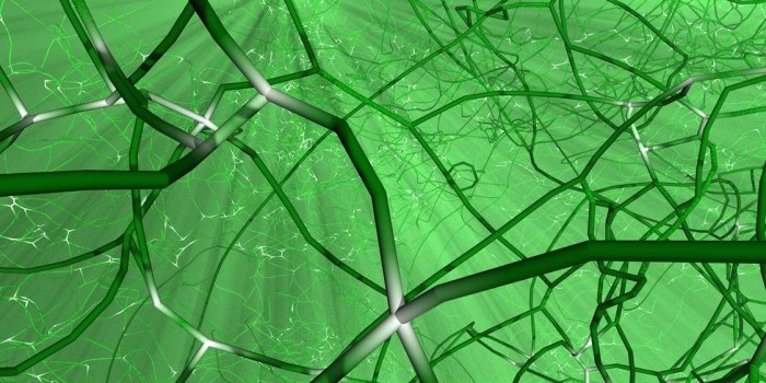 A glimpse of a dented material re-created at atomic level with the aid of mathematical modelling. The “strings” are formed when we crash, and these can decide the outcome of a collision. Each “string” is a cross-section of a layer of atoms in which the atoms have been displaced from their ideal positions. Illustration: Bulatov/Lawrence Livermore National Laboratory