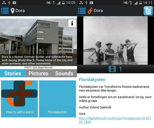 Slik ser appen ut. Bak bildet av krigsbunkeren Dora, ligger historien om den tapte sandstranden som en gang ble kalt "Floridakysten" på folkemunne.