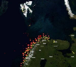 Tallene i sirklene viser antall ulykker i området. Trekantene viser enkelthendelse. Ulykkene i denne oversikten skjedde i perioden 2001 til 2013.