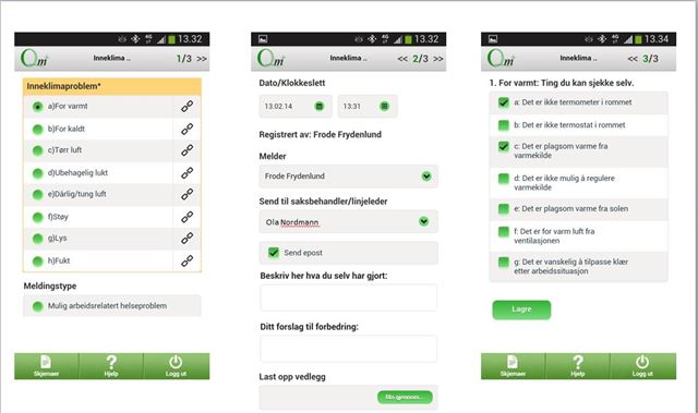 Illustrasjon som viser hvordan appen virker - spørsmål om "det er for varmt" ol - med avkryssingsbokser ved siden av.