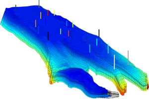 Simulering av trykkfordeling i Nornefeltet utenfor Helgeland. For å simulere utvinning av hydrokarboner, deler forskerne reservoaret inn i celler, og beskriver hvordan oljen flytter seg fra celle til celle. Dataene til modellen er gjort tilgjengelige av Statoil og NTNU/IO senteret. Ill: SINTEF.