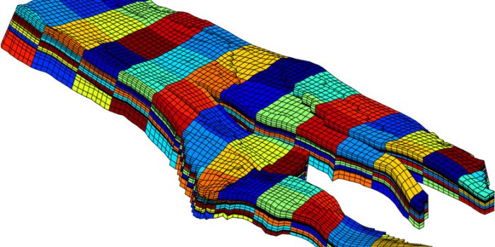 Det nye språket ligner på matematikkens språk. Forskerne greier dermed å splitte arbeidsprosessen og det tar kortere tid å utvikle en simulator. Som denne modellen som beregner væsketrykk i en modell av Norne-feltet. Ill.: SINTEF.