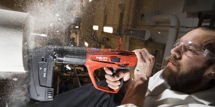 It isn't big. Nor is it unique. But a nail can provide an unstable well construction with "superpowers". Researcher Andreas Nicolas Berntsen is taking his doctorate in the subject. He now has a nail gun and he knows how to use it! Photo: Thor Nielsen/SINTEF.