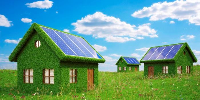 Framtidens hus blir kanskje ikke så grønne som disse, men solceller er i ferd med å bli en integrert del av byggematerialene vi bruker. Illustrasjon: Thinkstock.