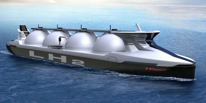 The Japanese company Kawasaki Heavy Industries envisages that Japan will import large quantities of energy in the form of liquified hydrogen – perhaps including from Norway – in large specialised spherical-tank liquified hydrogen carriers like this. Illustration: Kawasaki Heavy Industries