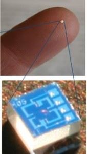 Bildemontasje. Det ene bildet viser liten sensor plasser på fingertupp. Det andre bildet er et nærbilde av sensoren. Overflata er lys blå, og på den ses et nett av ledninger og motstander.