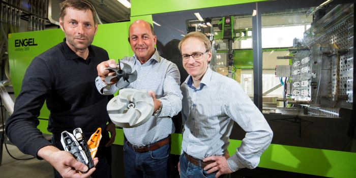 3D-printed moulds in plastic already give Rottefella big cost reductions. To the left: John Bratland. Rottefella, Bjørn Lie, OM BE Plast, and Erik Andreassen, SINTEF.