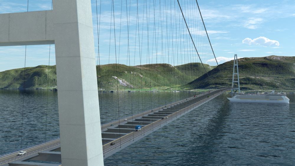 Den nye, ferjefrie veien E39 vil inneholde en rekke bruer. Dette er brua som er tenkt over Sognefjorden. Ill.: Statens V egvesen.
