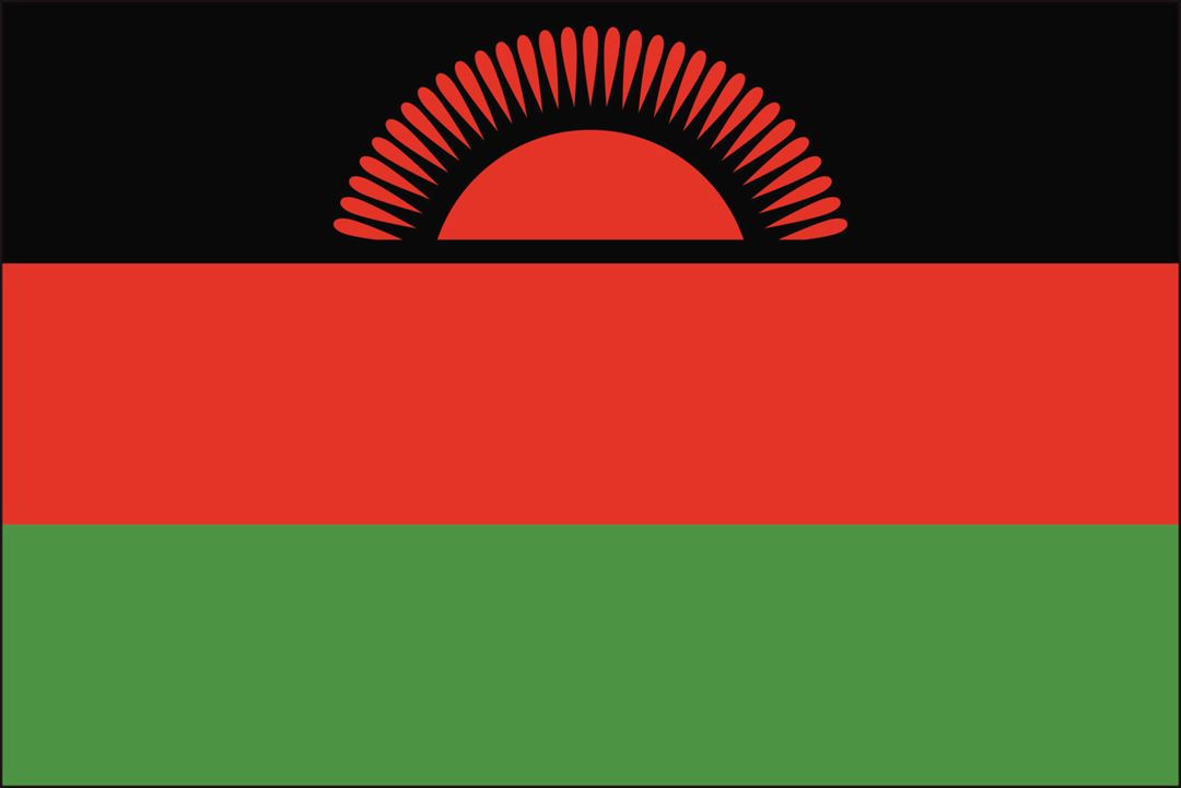 Bilde av Malawis flagg som er rødt, sort og grønt.