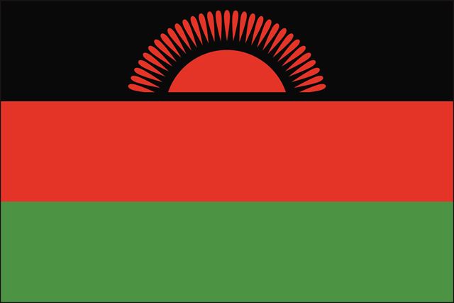 Bilde av Malawis flagg som er rødt, sort og grønt.