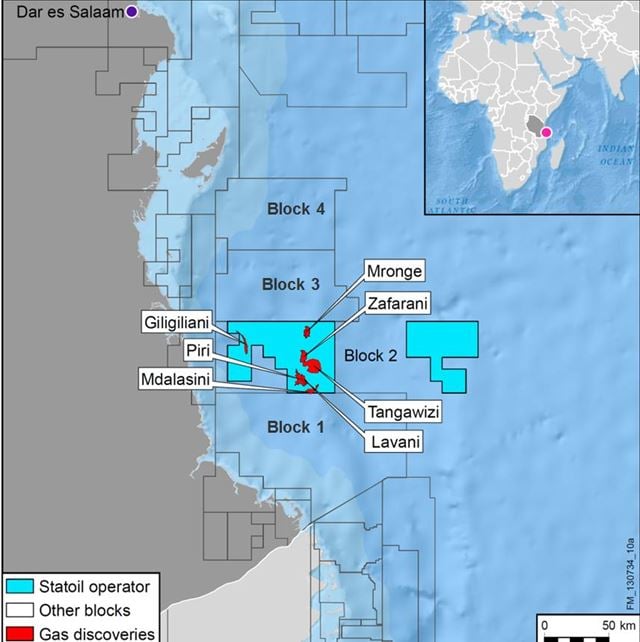 Kart som viser hvor på Tanzanias sokkel Statoils funn ligger