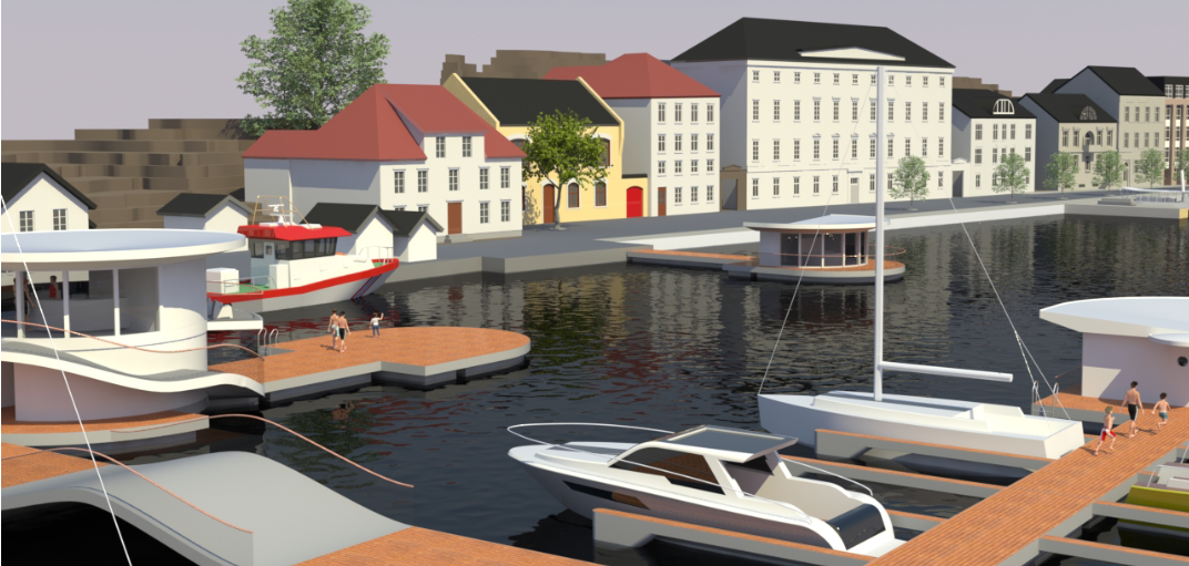 Da Arendal Havn måtte oppgradere for et par år siden, krevdes det nytenking. Behovet for ulike aktiviteter og attraksjoner var mange, men arealet på land var begrenset. Ill.: Meyer Norschau Design.