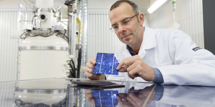Utilising solar cell materials that would otherwise end up on waste sites, is an important aim of the EU "EcoSolar" project, which is coordinated by SINTEF Research Scientist Martin Bellmann. Photo: SINTEF / Thor Nielsen