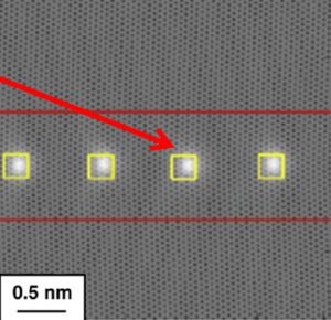Skjermbilde med mange små grå punkter og noen hvite lyspunkt. De siste illustrer nanopartikler under dannelse i en aluminiumlegering som varmebehandles.