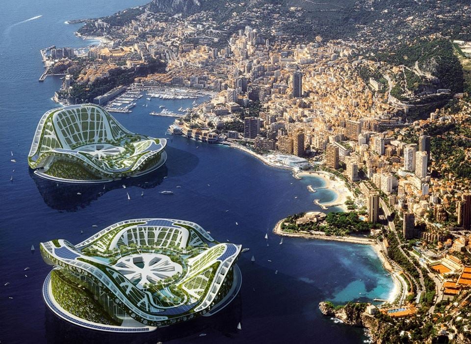 Futuristisk, men mulig. Norske forskere jobber nå med å lage framtidens flytende byer. Illustrasjon: Seastending Institute.