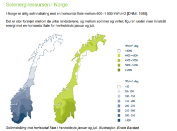 Kart som viser solinnstrålingen i ulike deler av Norge.