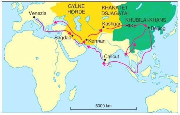 Marco Polo fulgte handelsrutene til den opprinnelige Silkeveien. Kartillustrasjon: Public Domain 1.0