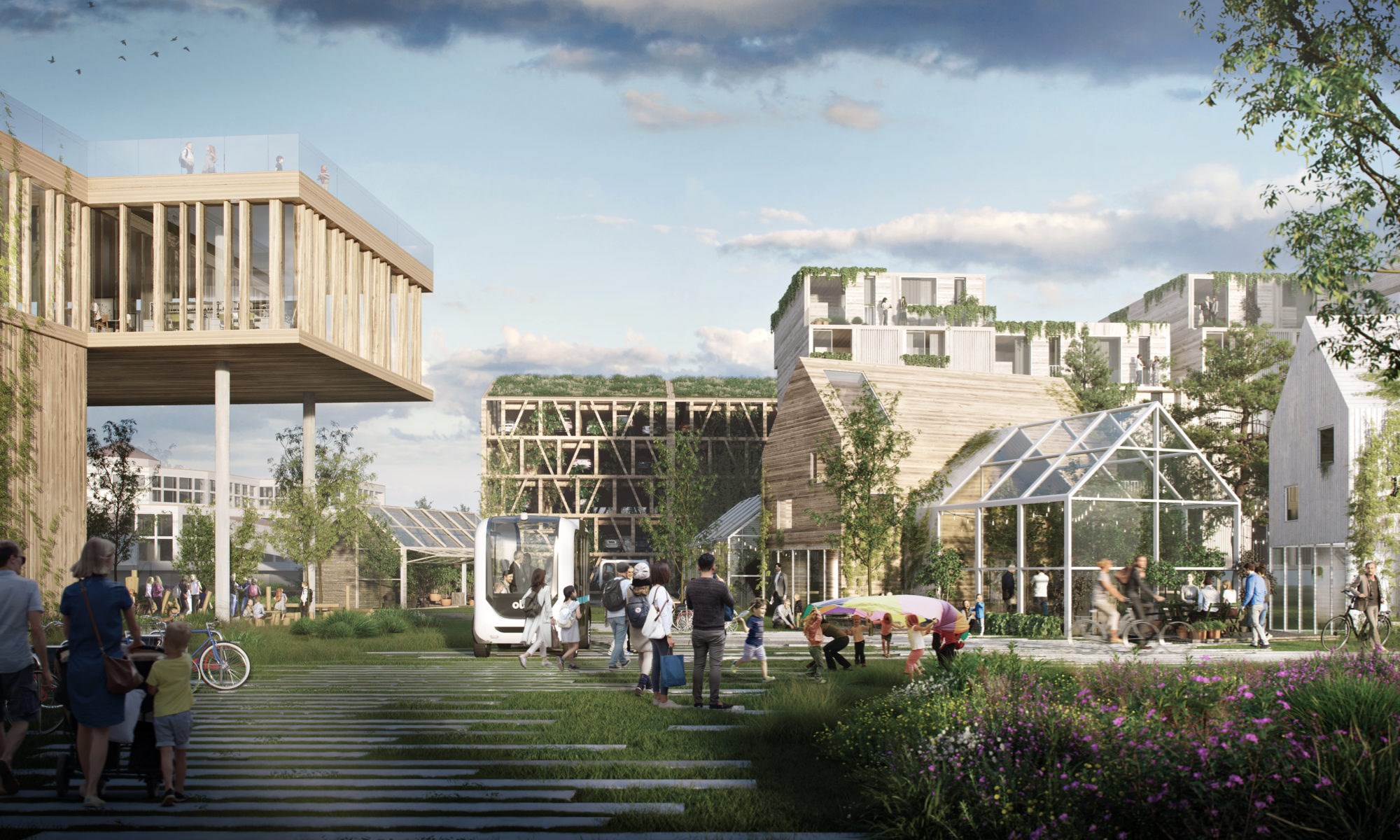 Første byggetrinn i prosjektet “Ny By – Ny Flyplass” i Bodø skal bli et nullutslippsområde, og er pilot i forskningssenteret ZEN. Illustrasjon: Team Henning Larsen