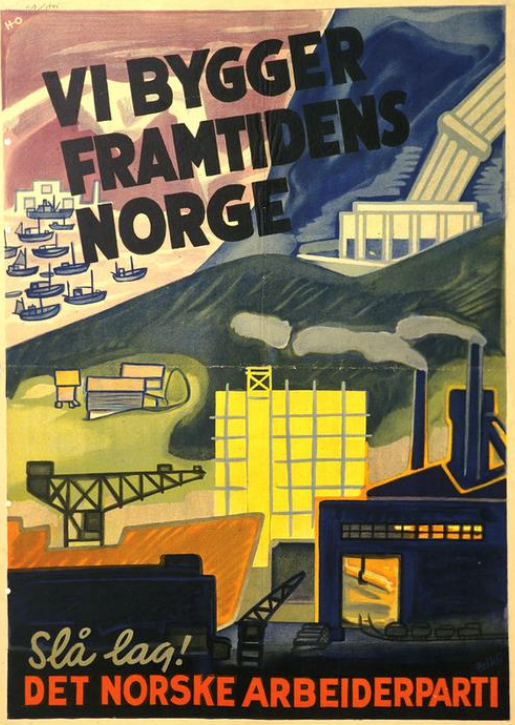 Stortingsvalget 1945 er et typisk eksempel på gjenoppbyggingsånden etter krigen. Industripolitikk og elektrisitetsproduksjon går hånd i hånd.  Illustrasjon: Valgkampplakat tegnet for Det norske Arbeiderparti til stortingsvalget i 1945 av Dagfin Peikli/Arbeiderbevegelsens arkiv og bibliotek (Arbark).