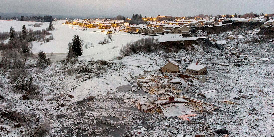 Raset i Gjerdrum fotografert med drone. Foto: Anders Martinsen, UAS Norway / Pool / NTB