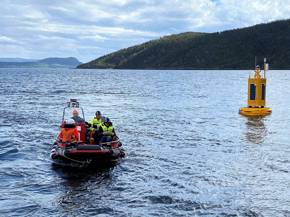 Her er den nye observasjonsbøyen kommet på plass, den andre av to som kontinuerlig henter havmiljødata fra Trondheimsfjorden. Foto: Emlyn John Davies/SINTEF