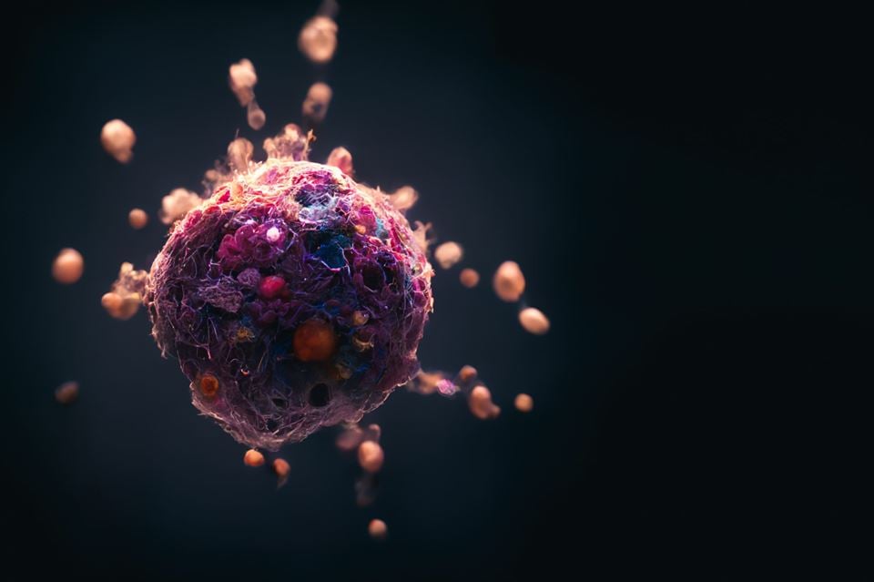 NaDeNo utvikler en tryggere og mer effektiv behandling mot kreft i bukhinnen gjennom å kapsle inn cellegift i nanopartikler. Illustrasjonen viser kreftcelle og nanopartikler. Illustrasjonsfoto: Shutterstock