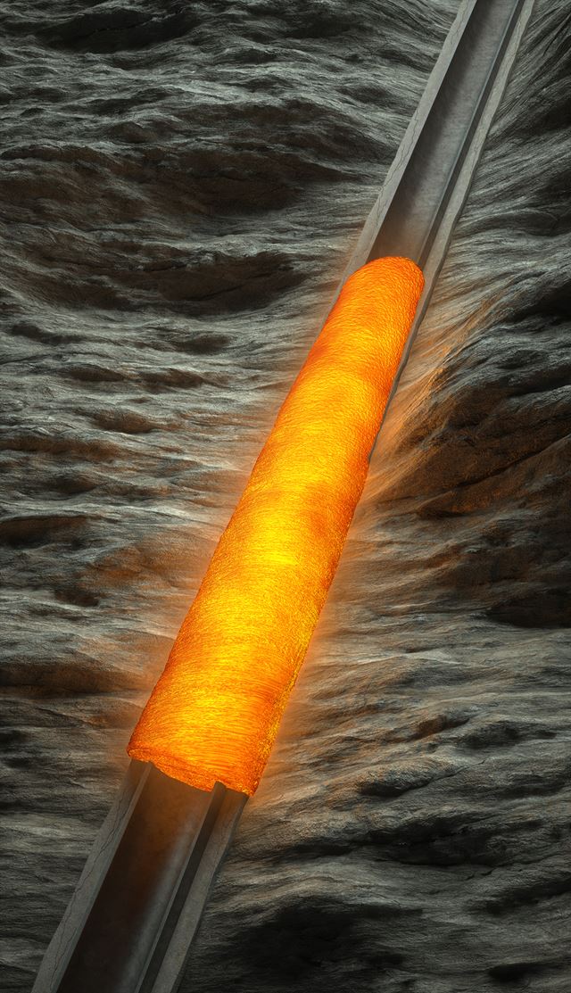 Illustrasjon viser et gjennomskåret rør som går på skrå ned gjennom koksgrå begrrunn. Inne i røret gløder det med oransje farge i en glovarm masse i røret.
