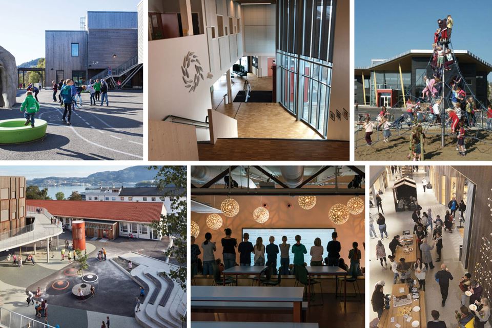Uteområder, amfi og mingleområde på Ulsmåg skole, Brensholmen skole, Fagereng skole, Holen skole, Hebekk skole og Huseby skole. Foto: Eva Rosa Hollup/Ola Roald Arkitekter, Solvår Wågø, HMXV Arkitekter, Øystein Klakegg, Planforum arkitekter, Stig O. Larsen/Bydelsnytt
